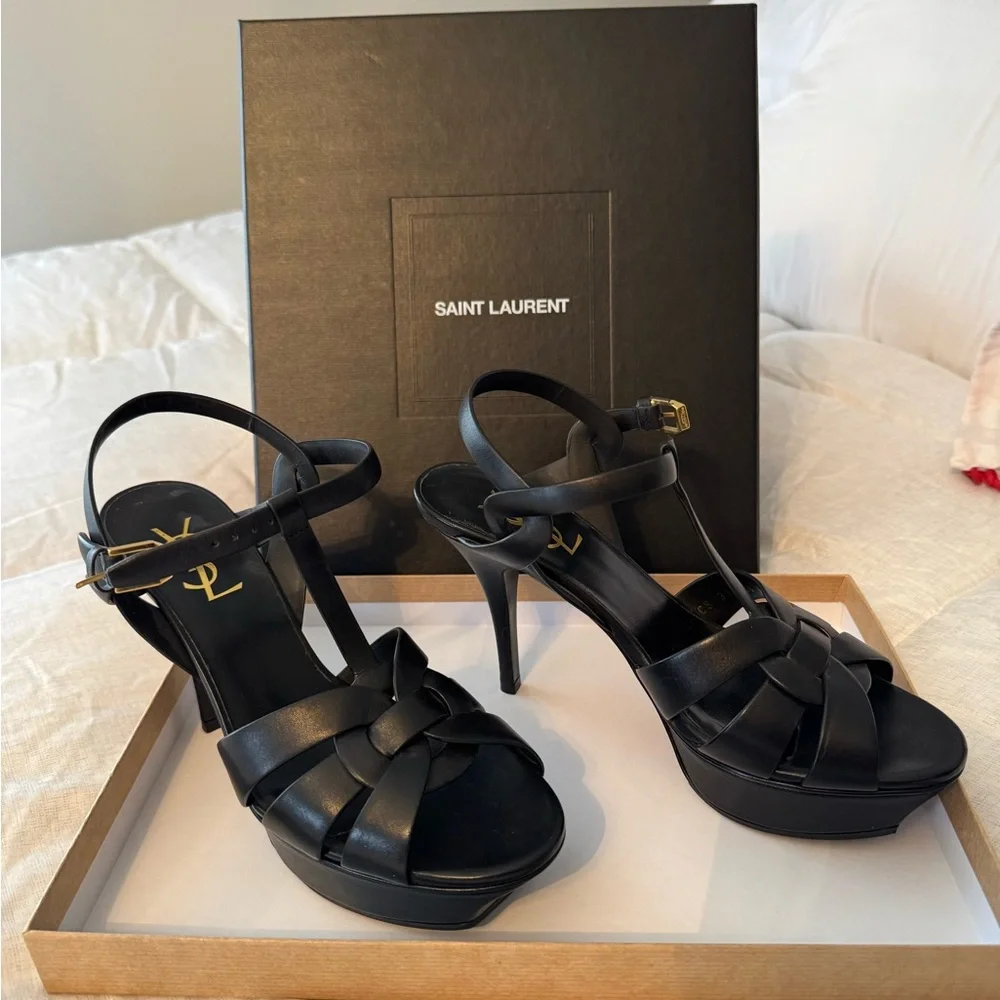 Saint Laurent Black Leather Strappy Platform Heels with Gold Logo - Picture 9 of 14